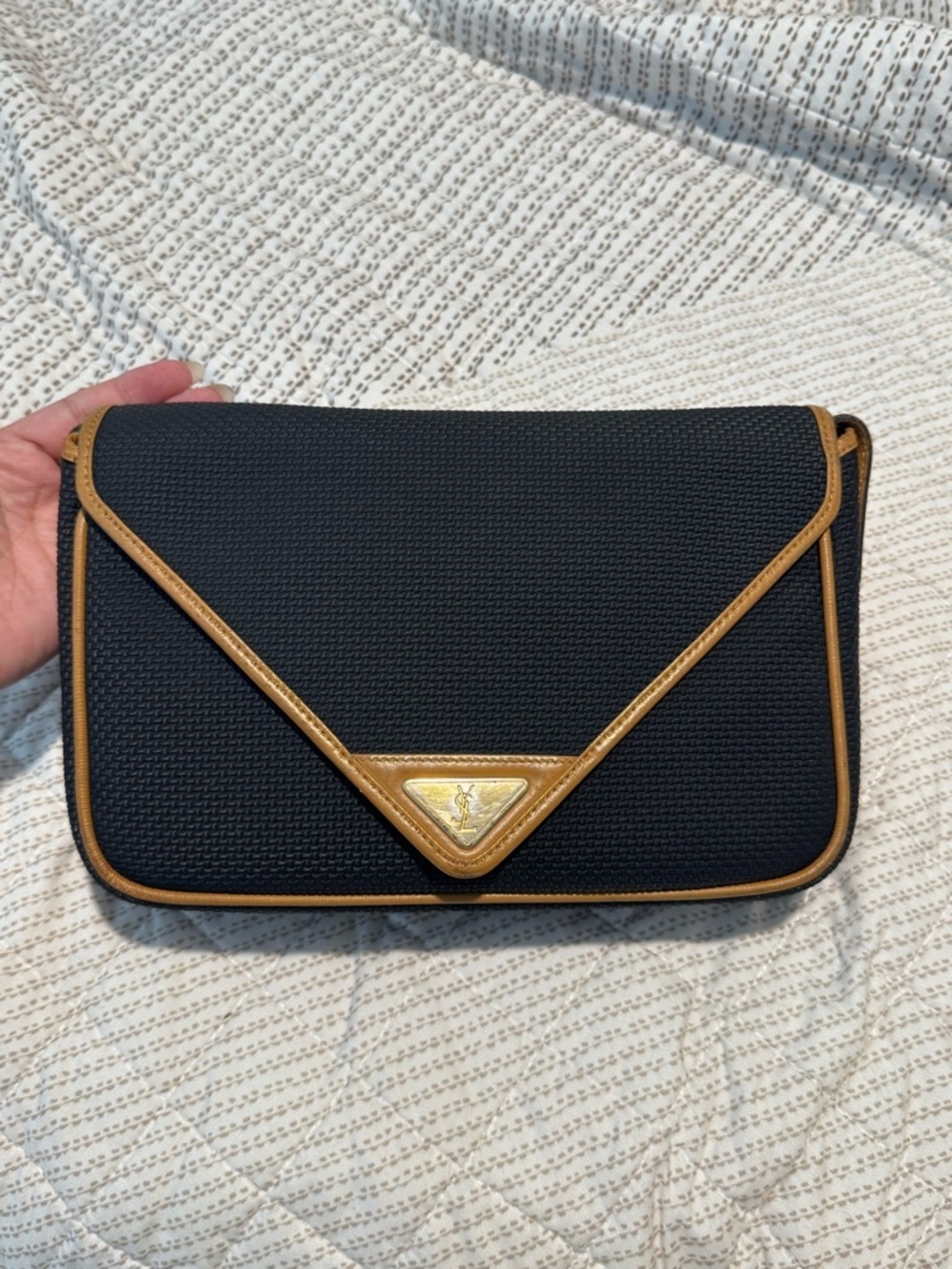 Preloved Vintage Black & Tan Structured Envelope Crossbody Bag - YSL Style